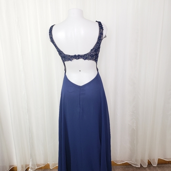 Blondie Nites Stacy Sklar navy blue formal dress openback rhinestone high slit 5 - Picture 8 of 13